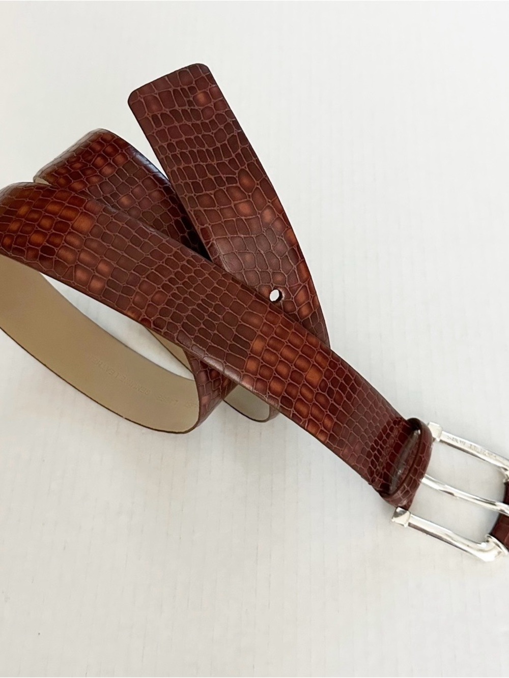 Michael Kors Crocodile Embossed Leather Belt Silver Engraved Buckle Brown Large